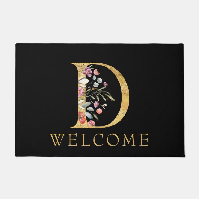 Classy Gold Monogram D mit Pink Florals Doormat Fußmatte (Vorderseite)