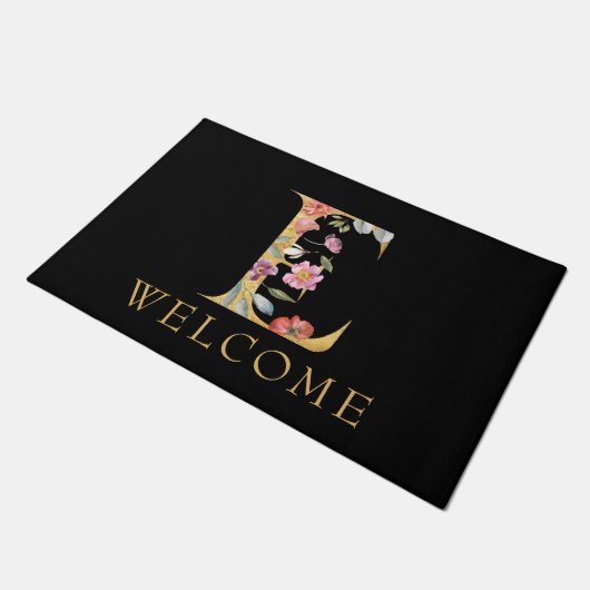 Classy Gold Monogram E mit Pink Florals Doormat Fußmatte (Schrägansicht)