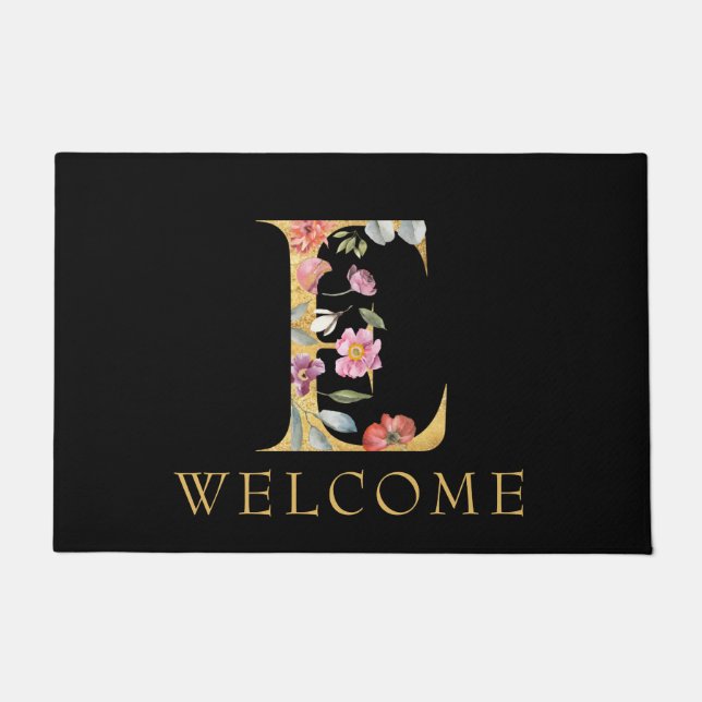 Classy Gold Monogram E mit Pink Florals Doormat Fußmatte (Vorderseite)