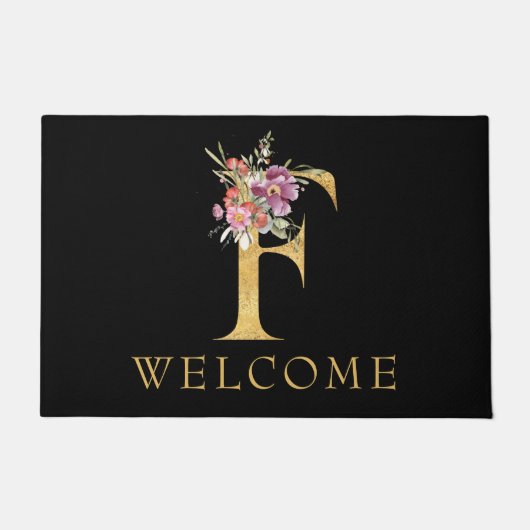 Classy Gold Monogram F mit Pink Florals Doormat Fußmatte (Vorderseite)
