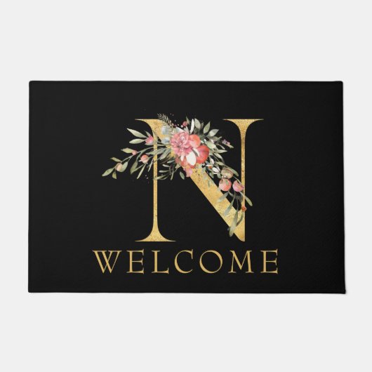 Classy Gold Monogram N mit Pink Florals Doormat Fußmatte (Vorderseite)