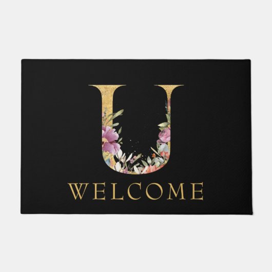 Classy Gold Monogram U mit Pink Florals Doormat Fußmatte (Vorderseite)