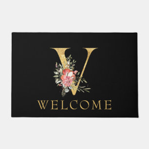 Classy Gold Monogram V mit Pink Florals Doormat Fußmatte