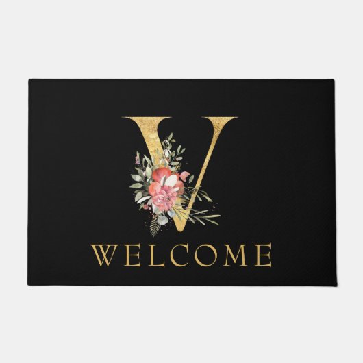 Classy Gold Monogram V mit Pink Florals Doormat Fußmatte (Vorderseite)