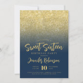Classy Gold Navy Blue Glitzer Foto Sweet 16 Einladung (Vorderseite)
