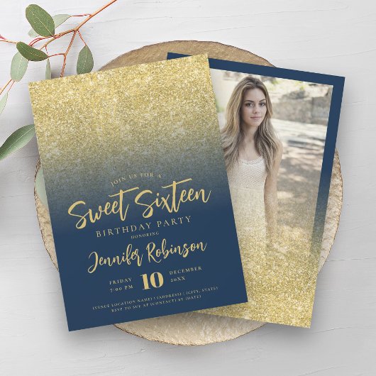 Classy Gold Navy Blue Glitzer Foto Sweet 16 Einladung