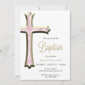 Classy Gold & Pink Cross Taufe Einladung (Vorderseite)