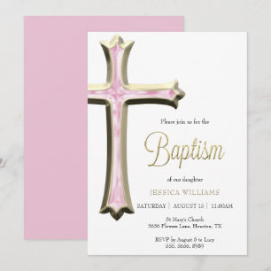 Classy Gold & Pink Cross Taufe Einladung