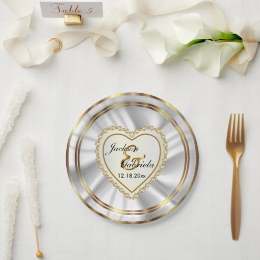 Classy Gold & Satin Weiße Hochzeit oder Jubiläum Pappteller (Hochzeit)
