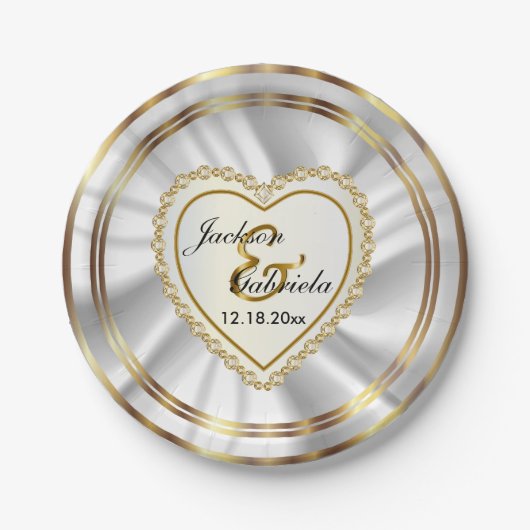 Classy Gold & Satin Weiße Hochzeit oder Jubiläum Pappteller (Vorderseite)