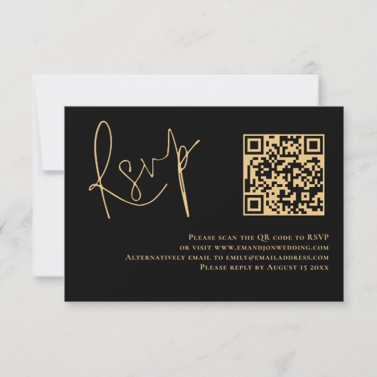 Classy Gold Script Black QR Code Wedding RSVP Karte (Vorderseite)