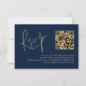 Classy Gold Script Navy Blue QR Code Wedding RSVP Karte (Vorderseite)