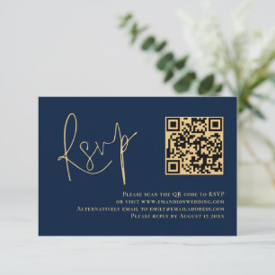 Classy Gold Script Navy Blue QR Code Wedding RSVP Karte