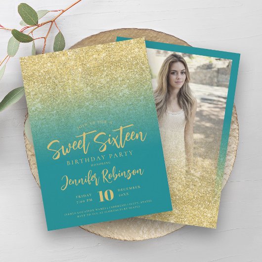 Classy Gold Turquoise Glitzer Foto Sweet 16 Einladung