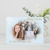 Classy Gold und Blue Custom Foto Weihnachten Einladung (Stehend Vorderseite)