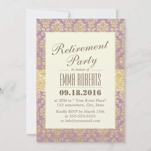 Classy Gold & Violet Damask Rentirement Einladung (Vorderseite)