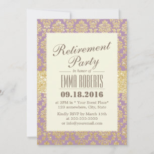 Classy Gold & Violet Damask Rentirement Einladung