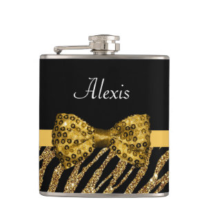 Classy Gold Zebra Print IMITATE Glitz Bow mit Name Flachmann