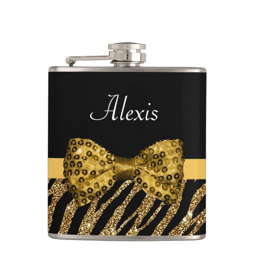 Classy Gold Zebra Print IMITATE Glitz Bow mit Name Flachmann (Vorderseite)