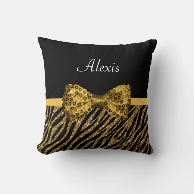 Classy Gold Zebra Print IMITATE Glitz Bow mit Name Kissen (Vorderseite)