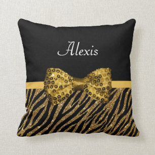 Classy Gold Zebra Print IMITATE Glitz Bow mit Name Kissen