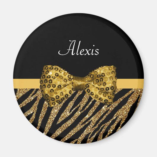 Classy Gold Zebra Print IMITATE Glitz Bow mit Name Magnet (Vorne)