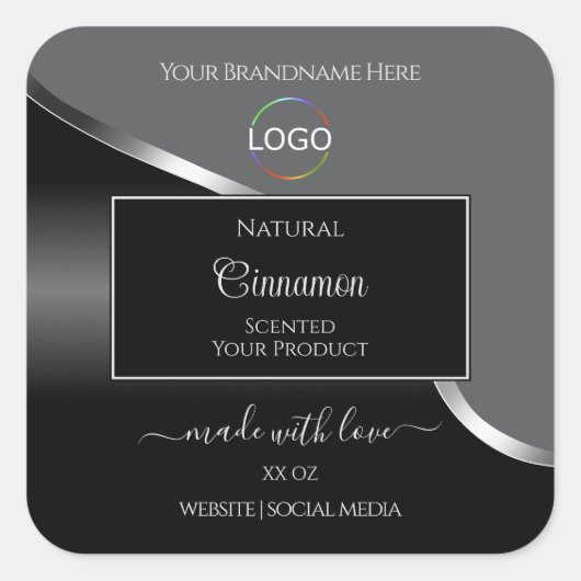 Classy Gray Black Wavy Silver Logo Product Labels Quadratischer Aufkleber (Vorderseite)