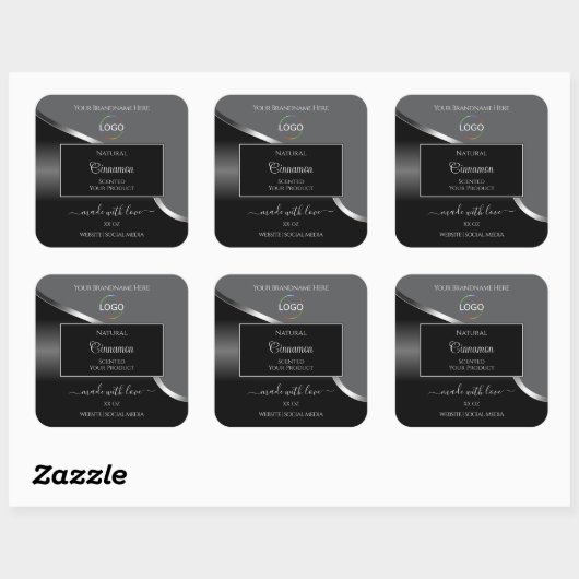 Classy Gray Black Wavy Silver Logo Product Labels Quadratischer Aufkleber (Blatt)