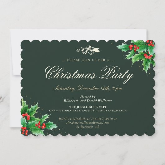 Classy Green Holly Berries Weihnachts-Party Einladung (Vorderseite)