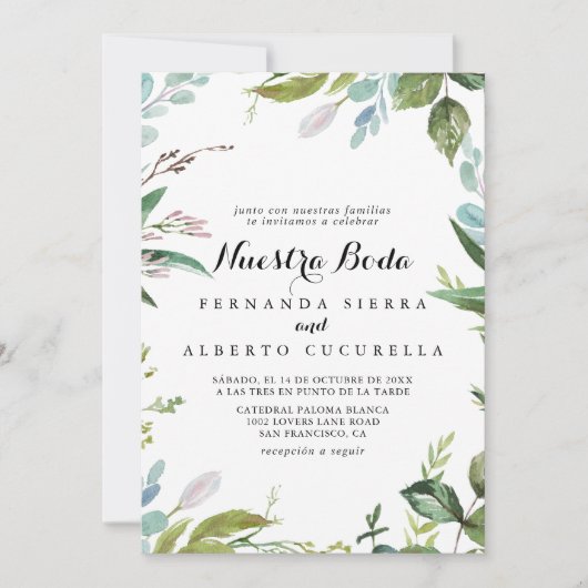 Classy Greenery Tropical Nuestra Boda Wedding Einladung (Vorderseite)