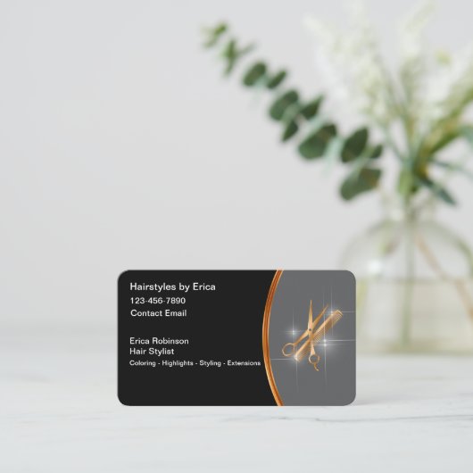 Classy Hairstylist Business Cards Glitzy Design Visitenkarte (Stehend Vorderseite)