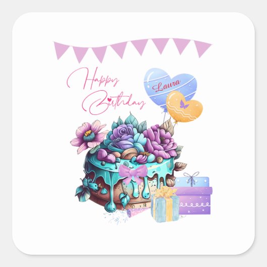 Classy Happy Birthday Cake Balloons Geschenke Quadratischer Aufkleber (Vorderseite)