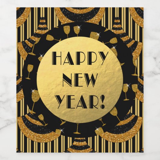 Classy Happy New Year! | Gold & Black Art Deco Weinetikett (Einzelnes Label)