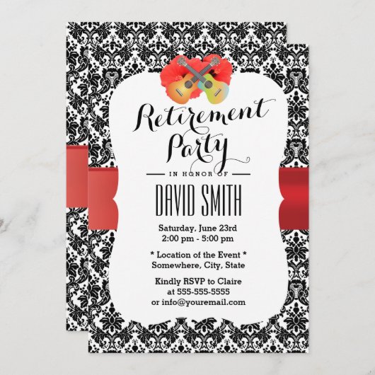 Classy Hibiskus & Ukulele Damask Party Einladung (Vorne/Hinten)