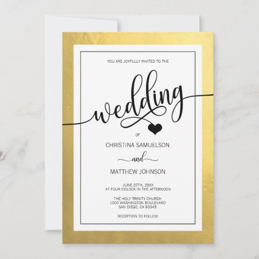 Classy Imitate Gold Foil Black & White Heart Weddi Einladung (Vorderseite)