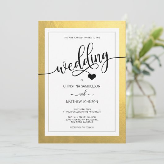 Classy Imitate Gold Foil Black & White Heart Weddi Einladung (Stehend Vorderseite)
