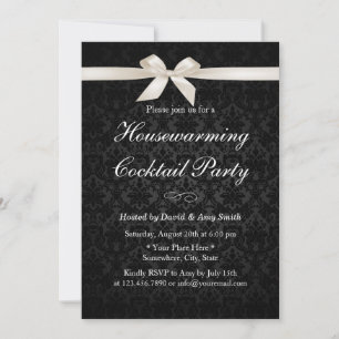 Classy Ivory Ribbon Dark Damask Housewarming Party Einladung