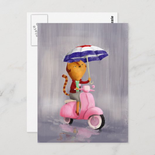 Classy Kitty Cat auf rosa Roller Postkarte (Vorne/Hinten)