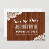 Classy Lace Corner Wood Hintergrund Save the Date Ankündigungspostkarte (Vorne/Hinten)