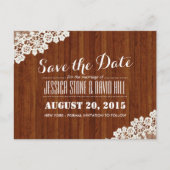 Classy Lace Corner Wood Hintergrund Save the Date Ankündigungspostkarte (Vorderseite)