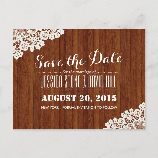 Classy Lace Corner Wood Hintergrund Save the Date Ankündigungspostkarte (Vorderseite)