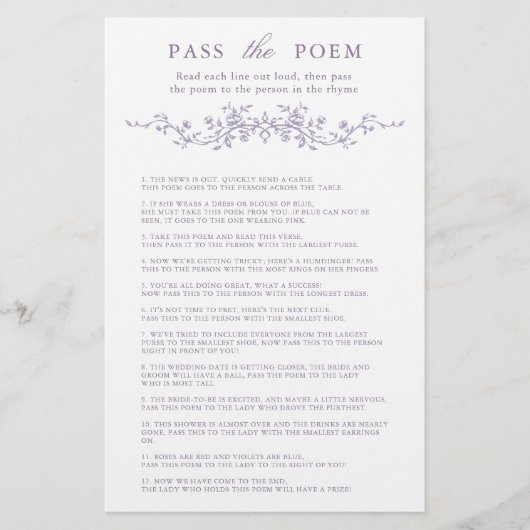Classy Lavender Floral 'Pass the Poem' Game  (Vorderseite)