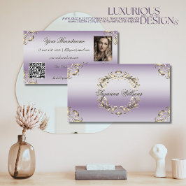 Classy Lavender Gold Verziert mit Foto- und QR-Cod Visitenkarte