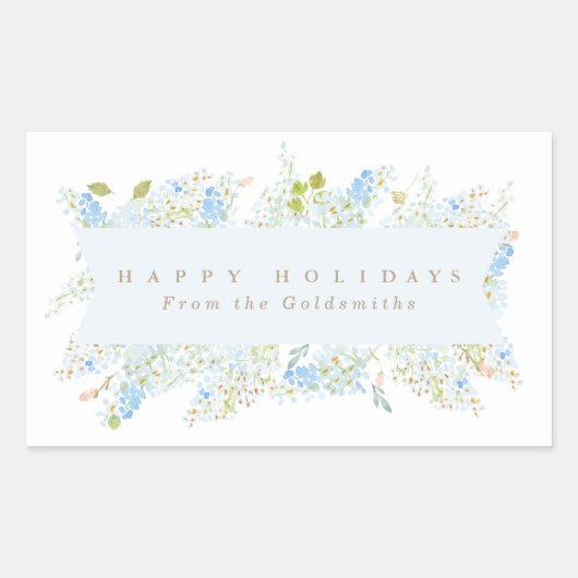 Classy Light Blue Floral Happy Holidays Custom Rechteckiger Aufkleber (Vorderseite)