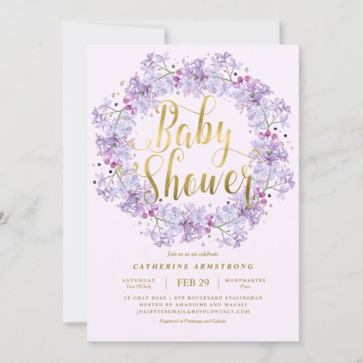 Classy Light Lila Gold Floral Wreath Babydusche Einladung (Vorderseite)
