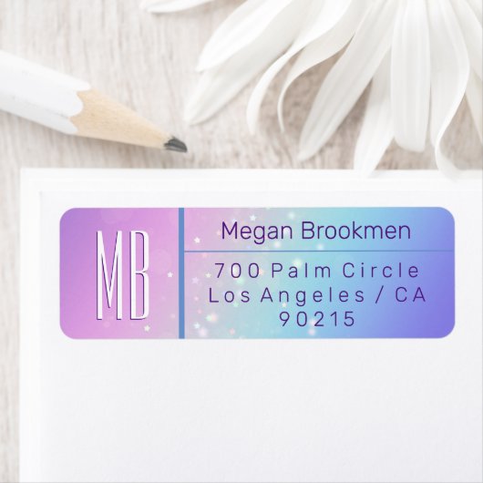 Classy Lila & Blue Bokeh Star Monogram Address (Insitu)