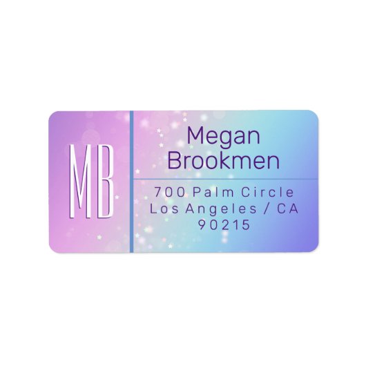 Classy Lila & Blue Bokeh Star Monogram Address Adressaufkleber (Vorne)