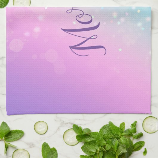 Classy Lila & Blue Bokeh Star, Name oder Monogramm Geschirrtuch (Gefaltet)