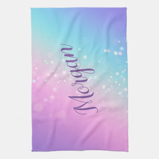 Classy Lila & Blue Bokeh Star, Name oder Monogramm Geschirrtuch (Vertikal)