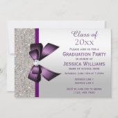 Classy Lila Gem Bow, Silver Sequins Abschluss Einladung (Vorderseite)